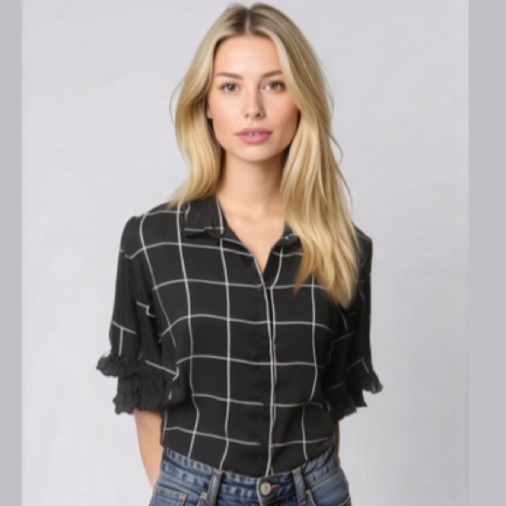 Black White Plaid Button Down Ruffle Sleeve Blouse SZ Medium